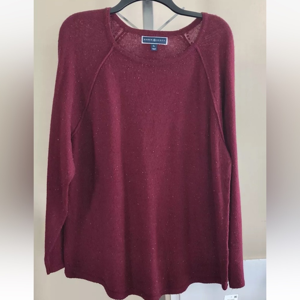 KAREN SCOTT Womens Red Long SleeveTunic Sweater Size: XL Crow New Curved Hem